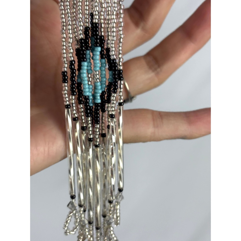 Vintage Beaded Fringe Statement Earrings Turquoise Black White Dangles Handmade - Picture 8 of 12